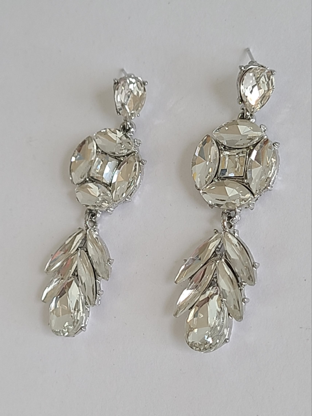 Evening Mid Century Silver Tone Rhinestone Crystal Drop Dangle Fancy Earrings